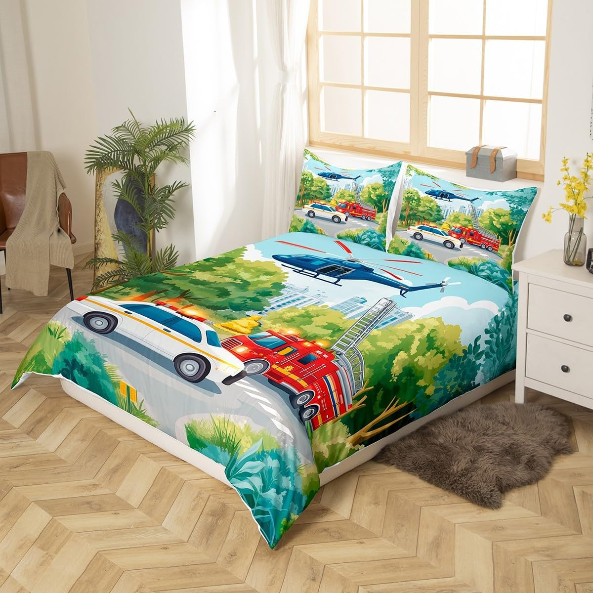 Fire Engine Duvet Cover Set, S Size, Children'S Boys Aeroplane Police Car Bedding Set, Cartoon Car Comforter Cover, Teens Child Sleep Decor, Modern Traffic Vehicles Quilt Cover, 1 Pillowcase image number 1