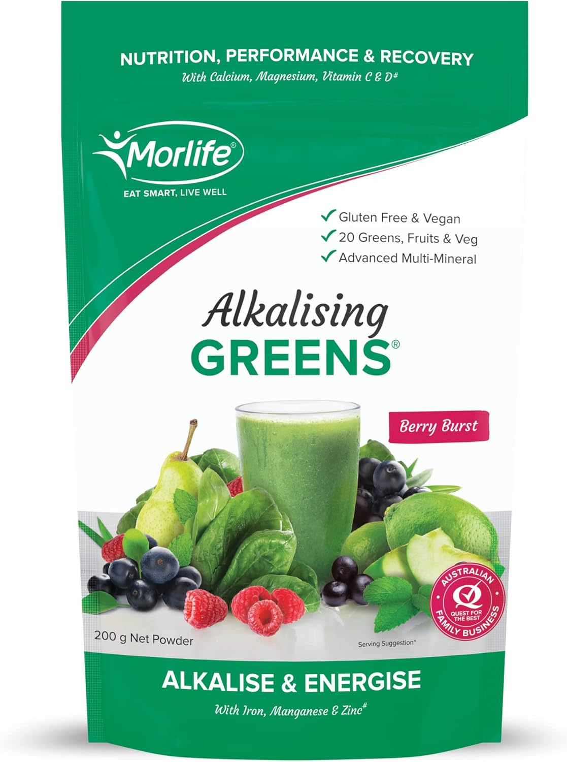 Morlife Alkalising Greens Powder Supplement, Berry Burst, 20 Super Greens, Fruits and Vegetables, Pre & Probiotics, Key Alkalizing Minerals, Vegetarian Superfood Formula, 7 Oz, 20 Servings image number 2