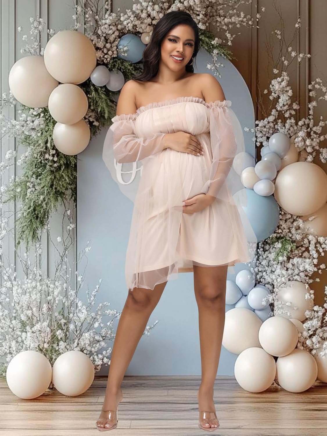 Justvh Women'S Maternity off Shoulder Ruffle Sleeves Mesh Baby Shower Dress for Photoshoot Party Mini Short Gown