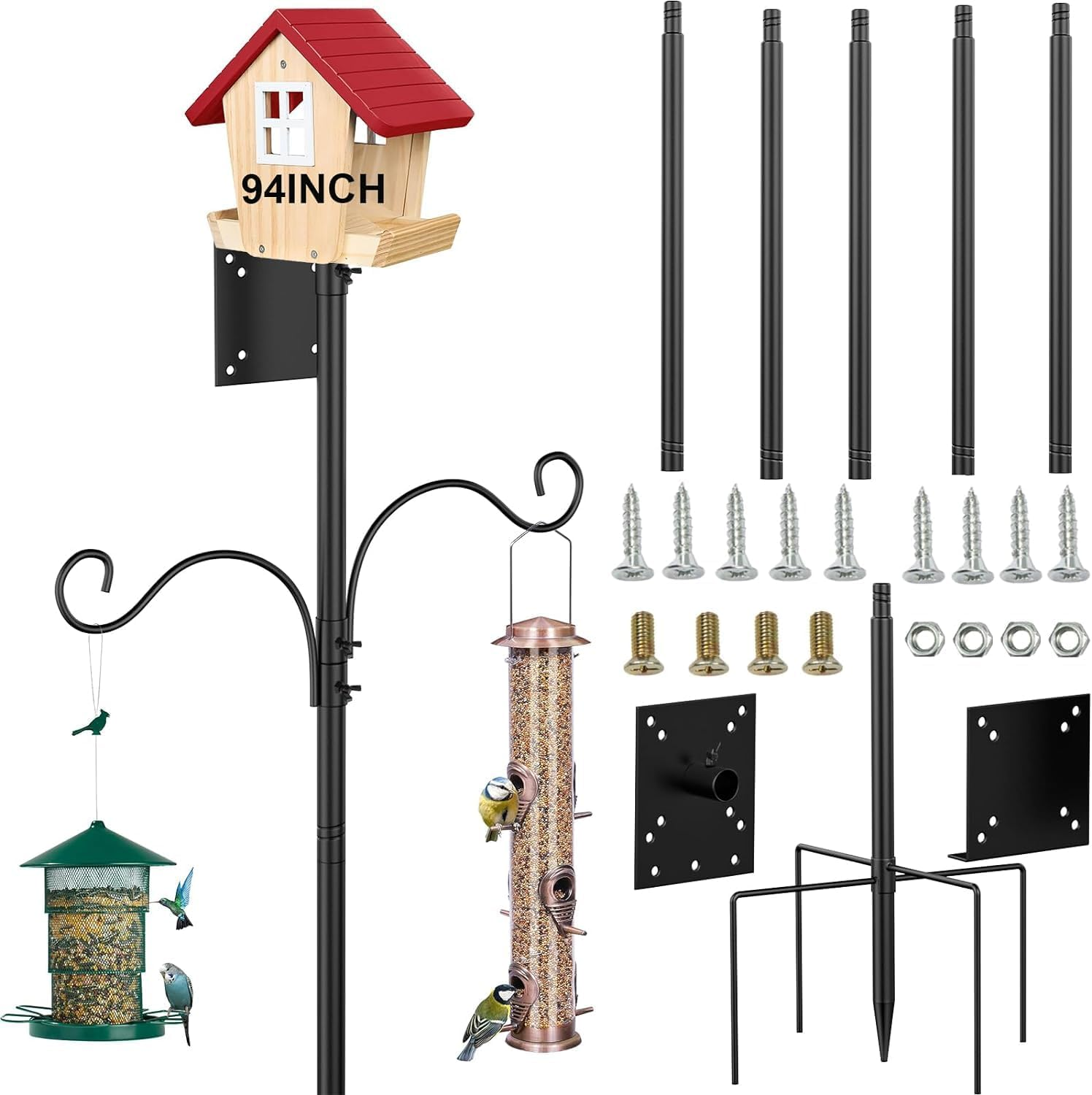 Upgraded 94 Inch Bird Feeder Pole with Shepherds Hooks,Adjustable Bird House Pole Mount House Pole Kit with 5 Prongs Base for Garden, Birds Watching & Birdfeeder Pole, Heavy Duty Bird Feeder Stand image number 1