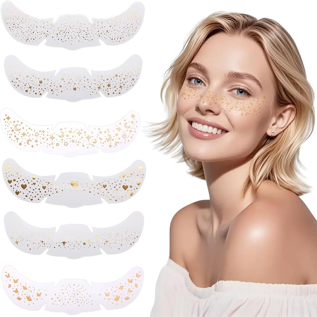 6 Pcs Gold Glitter Tattoos, Glitter Face Makeup Patches, Glitter Face Glitter Festival for Women, for Party/Carnival/Festival/Christmas