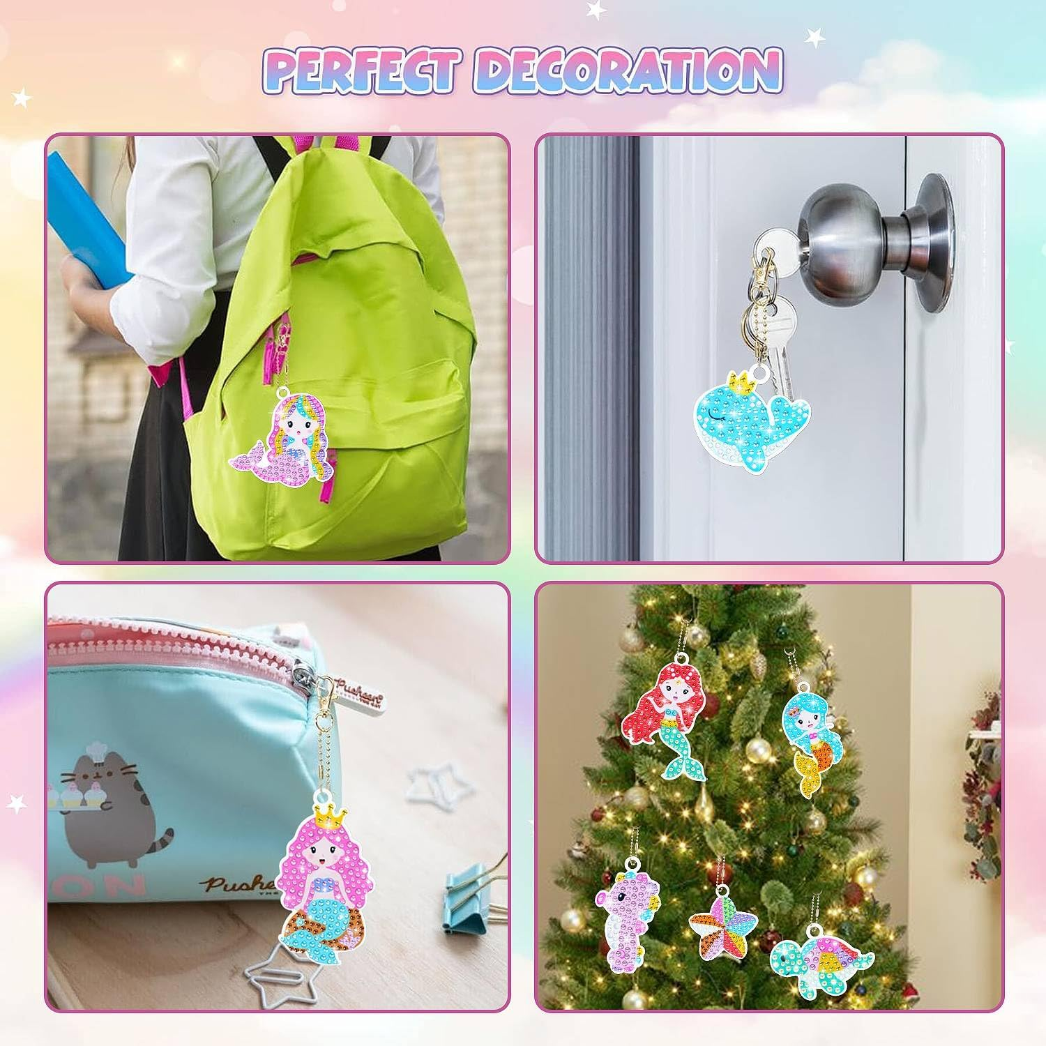 5D Gem Diamond Art Kit for Kids, Make Your Own Gem Art Keychains by Number, Cartoon Diamond Art Easy Kits, DIY Crafts Birthday Gifts Thanksgiving Christmas for Girls Boys Ages 6-8-12 (Mermaids) image number 5