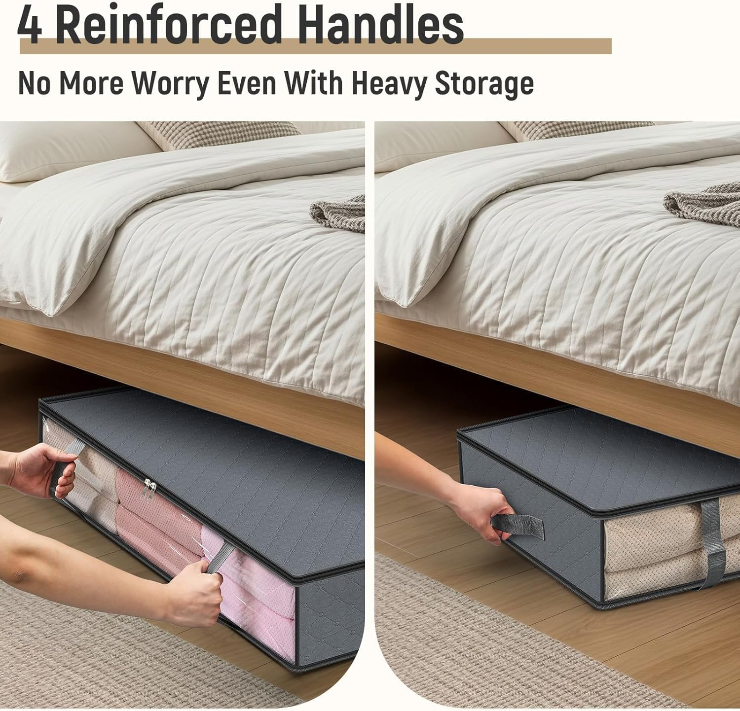 2Pcs Underbed Storage Bags,Foldable Large Underbed Storage Organiser Containers, Window Fabric Clothes Storage Boxs with Zips and Reinforced Handle for Blanket，Comforter/Bedding/Quilts image number 4