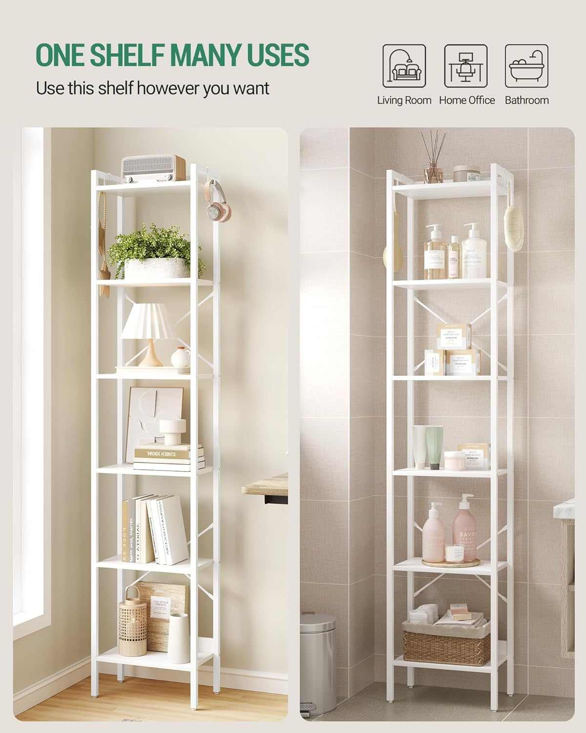 Hzuaneri Bookshelf, Book Shelf, Industrial Bookcase with 2 Hooks, Coner Shelf Storage Organizer for Home Office, Living Room, Bedroom, Kitchen, 6-Tier White BC10713W image number 4