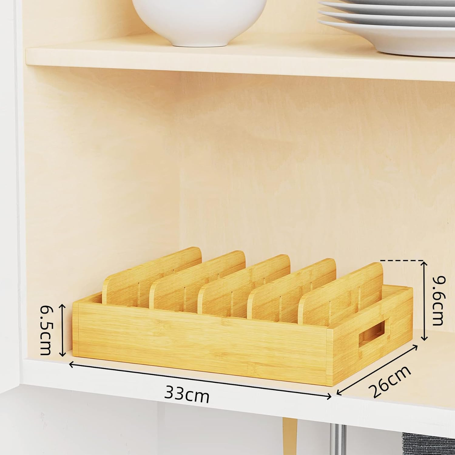 FORYUSE Bamboo Food Storage Container Lids Organiser with 5 Adjustable Dividers Kitchen Cabinet Plastic Lid Holder