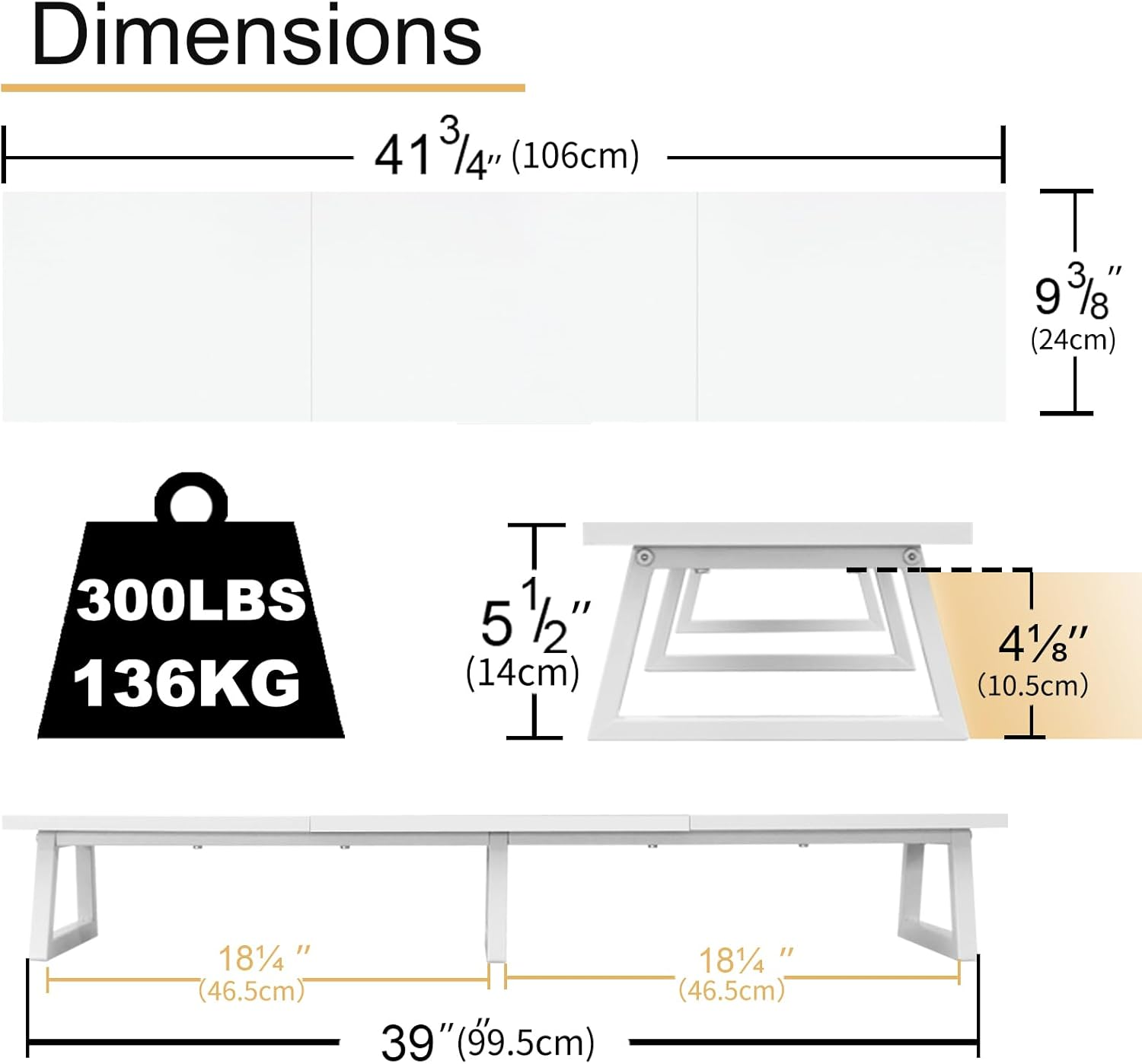 TEAMIX White Dual Monitor Riser for 2 Monitors-42Inch, Wood Desktop Dual Stand with Metal Legs, Long Screen/Pc/Laptop Storage,Computer Shelf TV Holder Home Office (White) image number 3