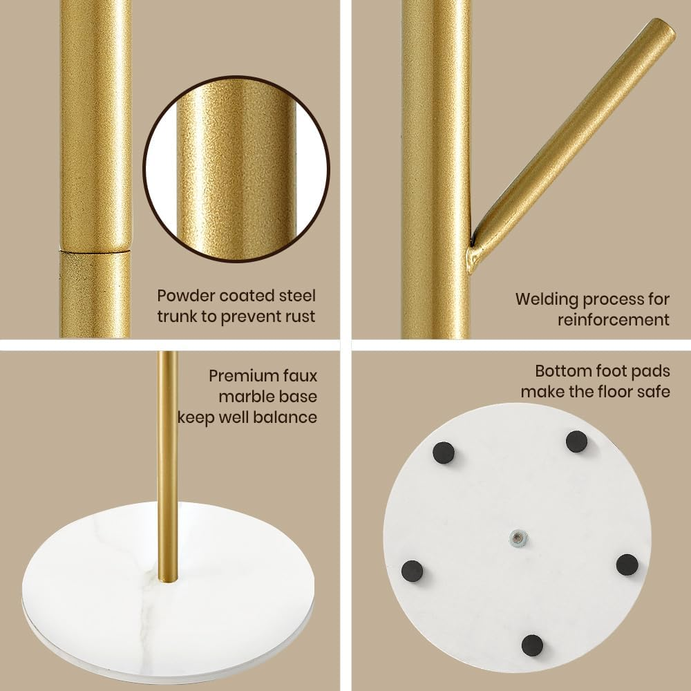Furb Free Standing Metal Coat Rack, Gold Clothes Jacket Hat Bag Hanger Stand, Heavy Duty Marble Base, 167Cm Tall, 7 Hooks image number 4
