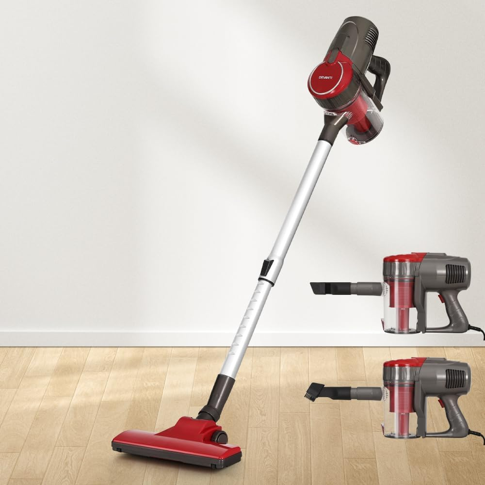 Devanti Stick Vacuum Cleaner, Corded Handheld Hand Held Strong Suction Bagless Brushless Handstick, Recharge 500W Compact Dustbuster Sweeper Dust Buster Portable for Home Car Stairs, Red image number 1