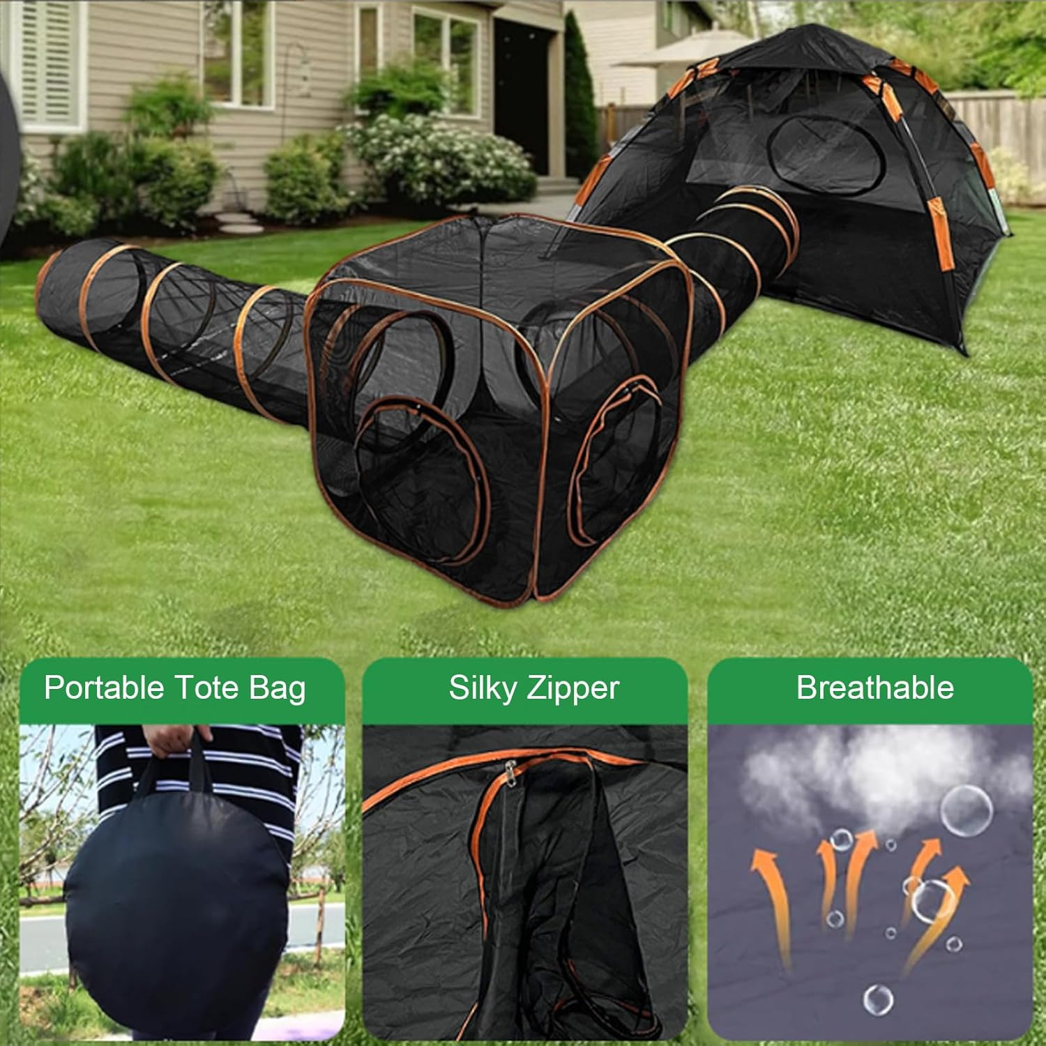 Outdoor Cat Enclosures with Cat Tunnel, Pop up Portable Playpen for Cats, Foldable Outdoor/Indoor Cat House - Rabbits Ferrets, Small Animals Pet Tent image number 1