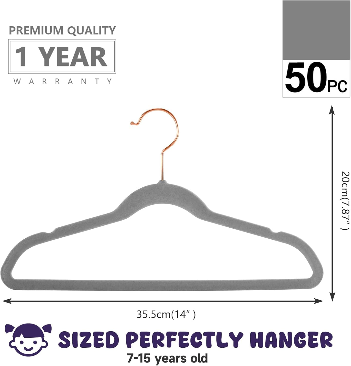 MIZGI Premium Kids Velvet Hangers (Pack of 50) 14" Wide with Copper Rose Gold Hooks,Space Saving,Nonslip Huggable Closet Hangers for Petite Junior Children'S Skirt Dress Pants,Clothes Hangers image number 1