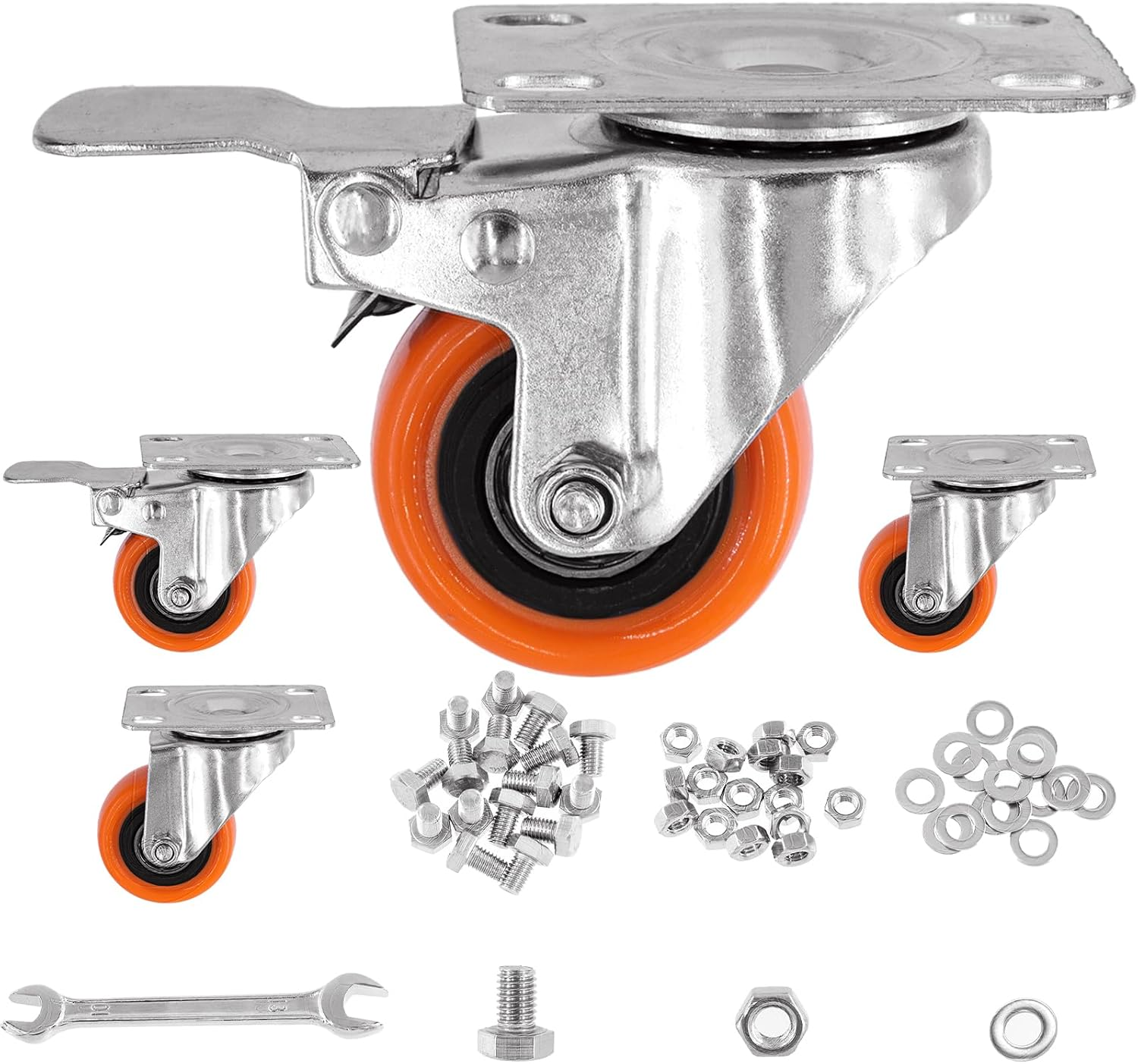 Glarks 53Pcs 3/2 Inch Heavy Duty Casters, Lockable Bearing Caster Wheels Safety Dual Locking Casters with Brake, Swivel Casters Polyurethane No Noise Wheels for Furniture and Workbench image number 4