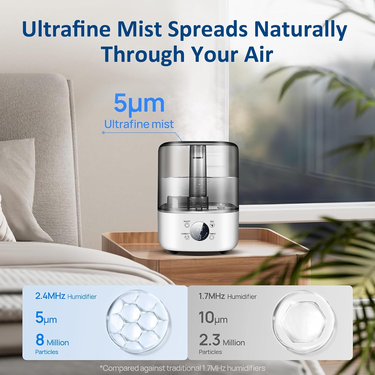 5L Humidifiers for Bedroom Large Room, Cool Mist Top-Fill Essential Oil Diffuser for Baby & Plants, Adjustable Mist Last up to 50Hrs, 360&deg;Nozzle, Rapid Humidification & Auto Mode