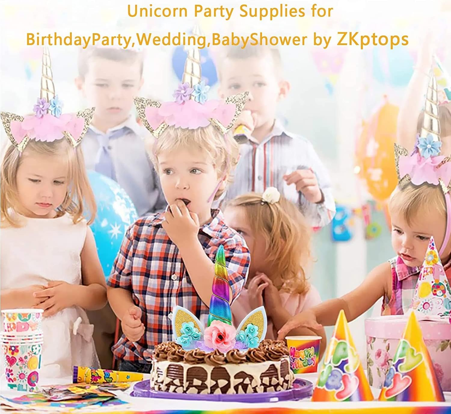 Unicorn Cake Topper Handmade Rainbow Horn Unicorn Cake Topper Unicorn Happy Birthday Party Decoration Supplies Magic Reusable Cake Topper with Eyelashes and Stack for Girls Kid Women, 5.8 Inch - Rainbow image number 2