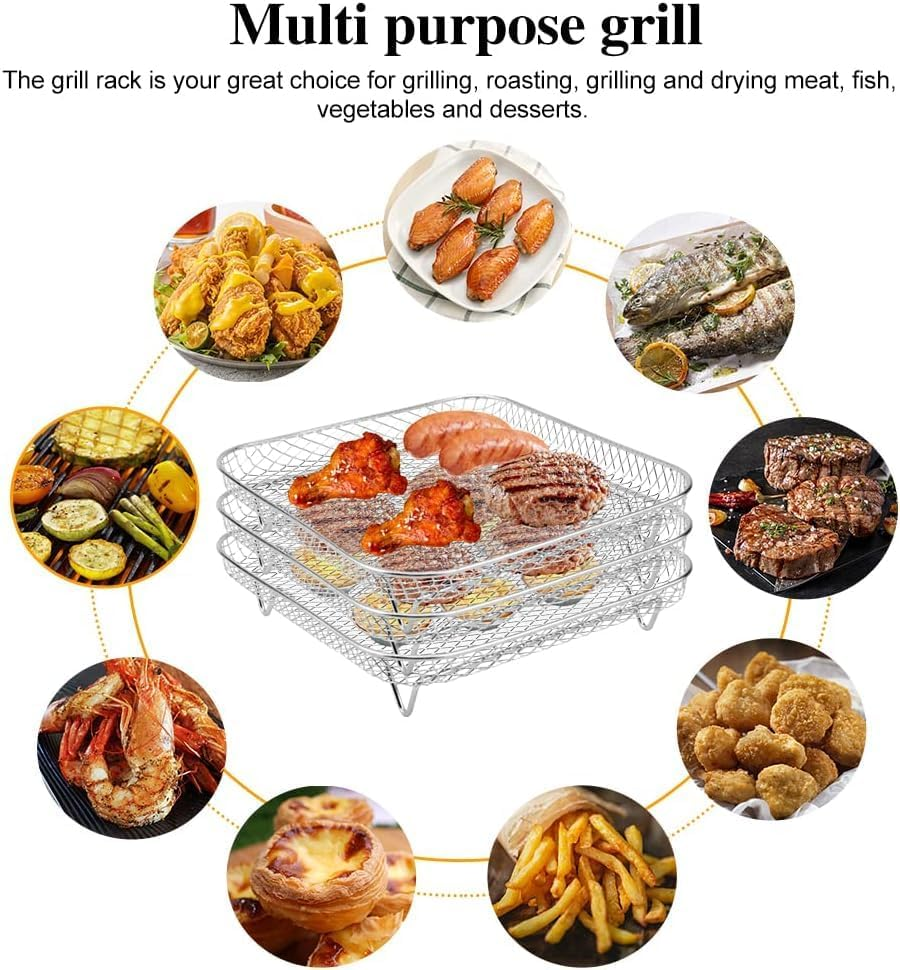 3-Layer Air Fryer Rack,Stainless Steel Stackable Dehydrator Rack with Clipper and 8Pcs Silicone Feet Air Fryer Basket Tray for Baking and Cooking (Square) image number 5
