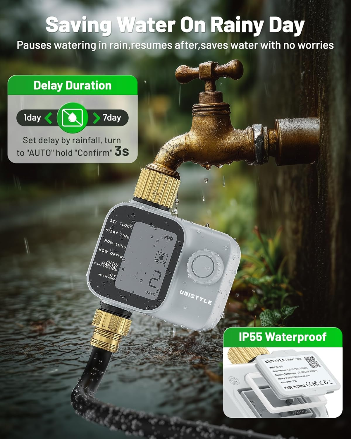 Water Timer, Sprinkler Timer with Industrial Brass Inlet, Easy to Set Up, Automatic/Manual/Delay Mode for Watering Hose, Programmable Garden Tap Irrigation System image number 5