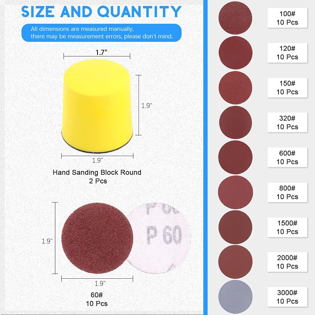 Glarks 102Pcs 2 Inch Hook and Loop Hand Sanding Block round Sanding Pad Hook Backing Plate with 100Pcs Hook and Loop Sanding Disc Set for Craft, Woodworking, Furniture Repairing (2 Inch) image number 2