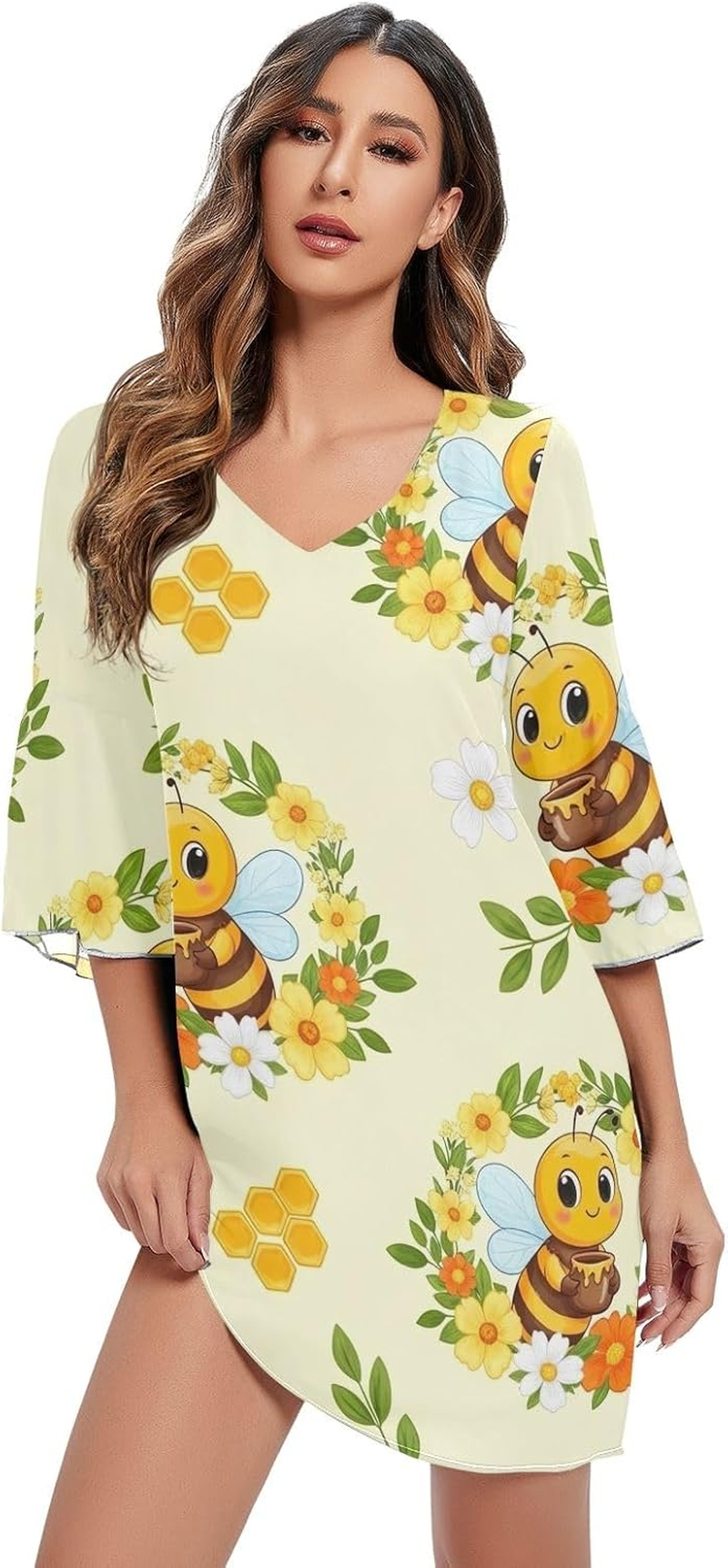 Cute Cartoon Bees Honey Print Ladies Chiffon Dress 3/4 Sleeve Maternity Dress Party S-XXL image number 2