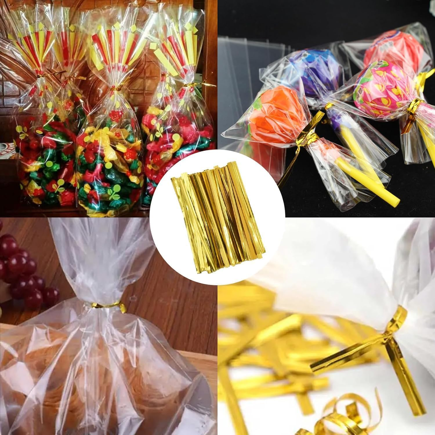 100 Pack of Cellophane Bags (15X20Cm), Cellophane Treat Bags, Clear Cellophane Gift Bags, Cellophane Clear Candy Bags, with 100 Gold Twist Ties for Graduation Birthday Weddings Party image number 4