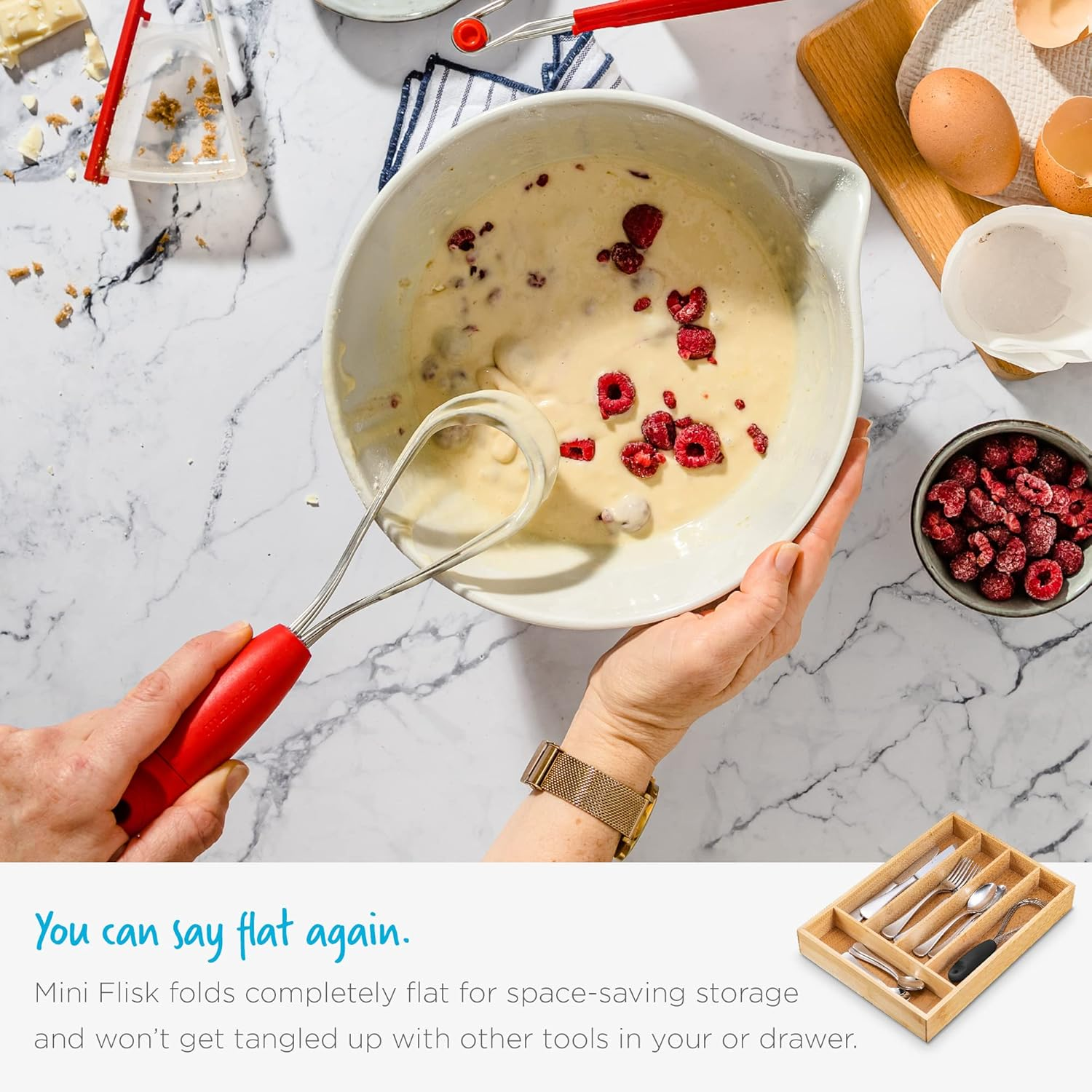 Dreamfarm Mini Flisk 3-In-1 Fold-Flat, Space-Saving Baking & Cooking Balloon Whisk, Sauce Whisk & Flat Deglazing Whisk, Stainless Steel - 9" Red image number 3