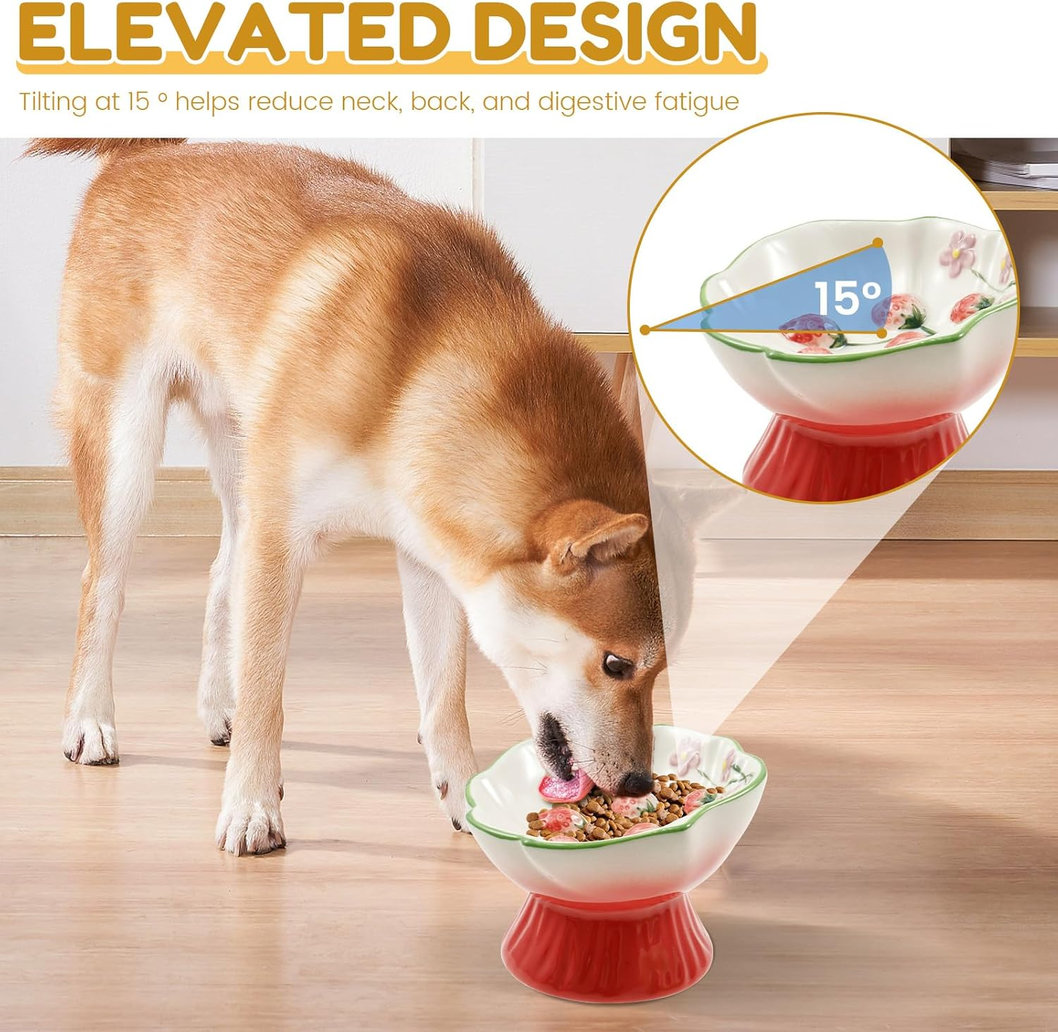 Raised Slow Feeder Cat Bowl, Ceramic Elevated Small Cat Food Bowl, 15&deg;Titled Glass Food Bowls Small Dogs Slow Feeder, Strawberry Shaped Cute Pet Dish for Dry and Wet Foods(Pink) image number 5