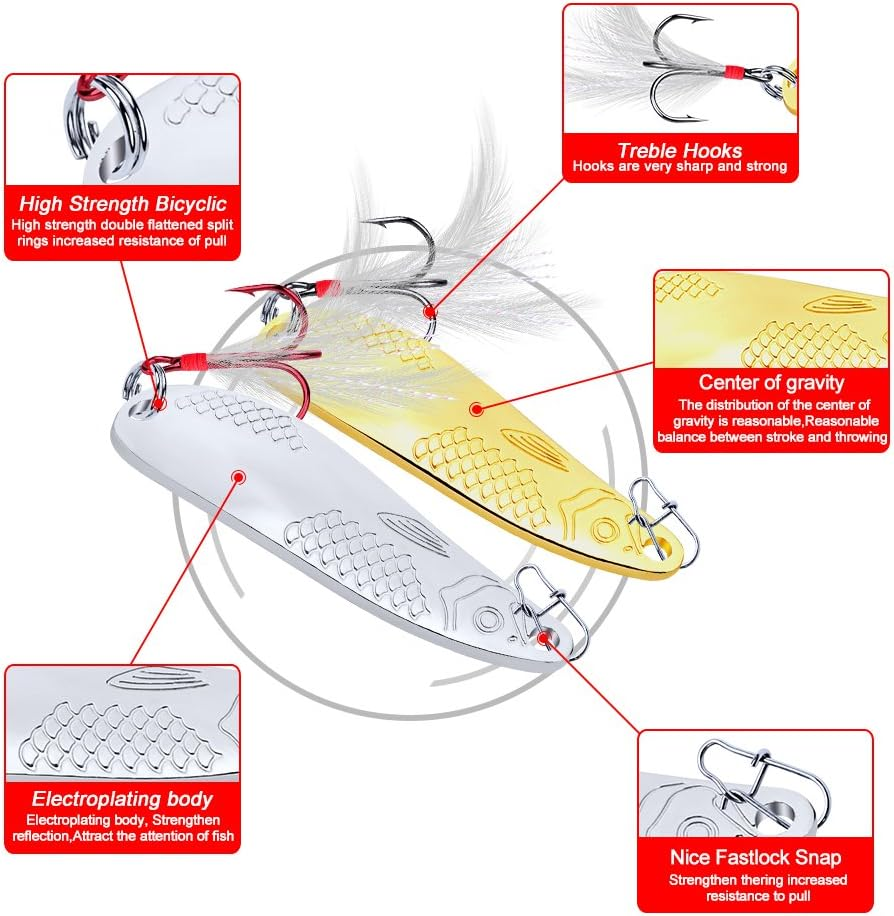 Metal Spoon Lure 10G 20G Hard Fishing Bait Silver/Gold Spinner Bass Baits Feather Hook for Bass Walleyes Trout Fishing Lures Pack of 10Pcs image number 4