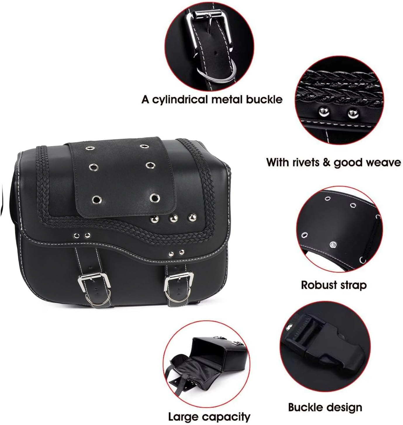 Motorcycle Saddlebags, 30L Large Capacity PU Leather Side Saddle Bags, Compatible with Motorcycle Dirt Bike Dual Sport Motorcross Motorbike Racing Mountain Off-Road, Black image number 6