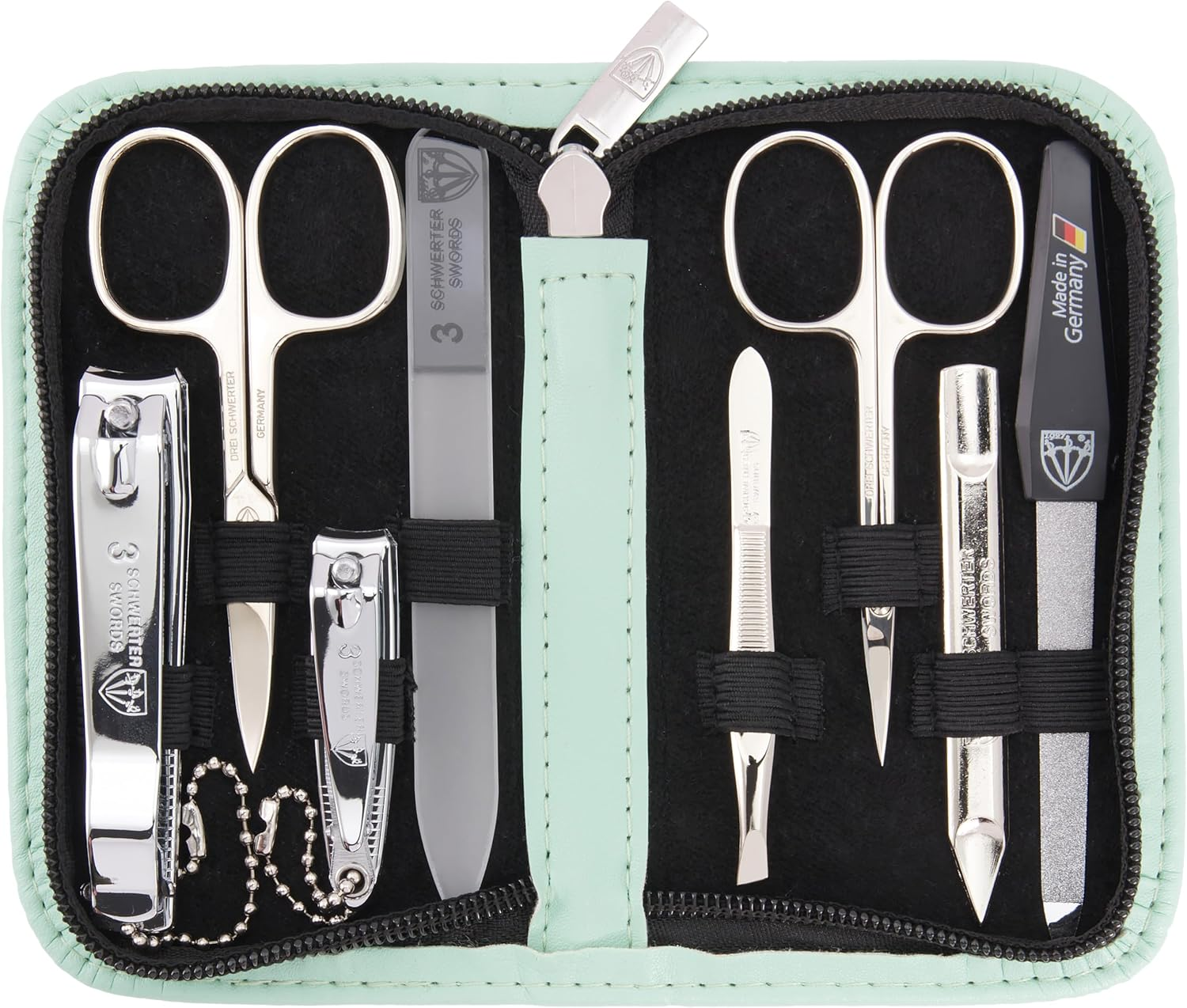 3 Swords Germany - Brand Quality 8 Piece Manicure Pedicure Grooming Kit Set Synthetic Leather Case Mint - Made in Germany
