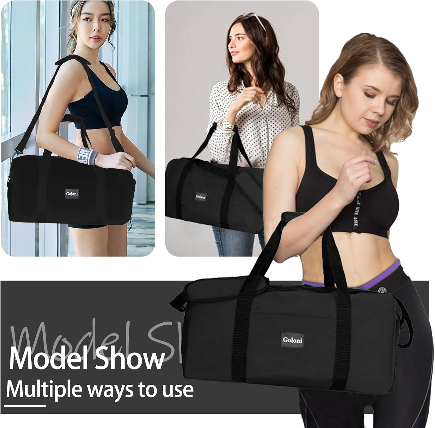 Goloni Cute Duffle Bag for Women, Gym Bag with Shoe Compartment, Lightweight Weekend Travel Duffel Bag,Overnight Bag with Wet Pocket, Black - Black image number 3