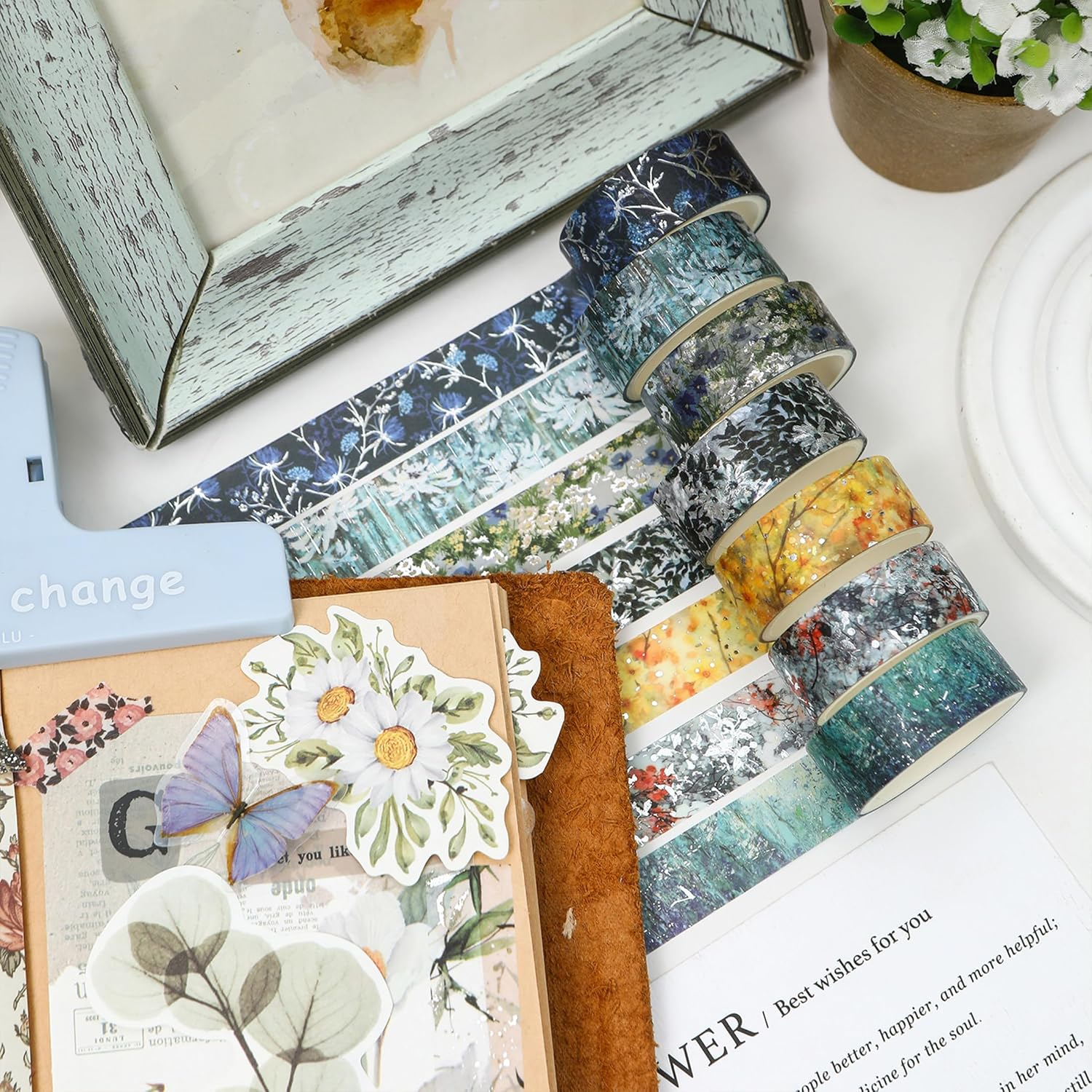 Songdao 12 Rolls Flowers Washi Tape Set Floral Arts Adhesive Tapes Splast Silver Decorative Masking Tape Sets for Craft, Kids, Scrapbook, DIY, Gift Wrapping (Verdant Glow) image number 5