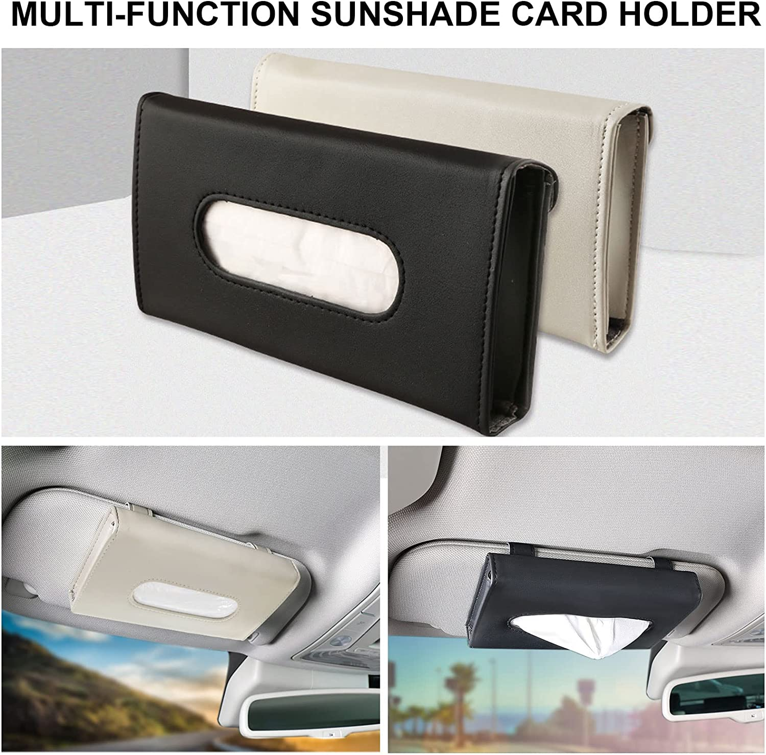 Car Tissue Holder - Multipurpose Car Visor Tissue Holder Leather Hanging Paper Towel Holder Fashion Car Sunshade Napkin Holder Durable Car Accessories Easy Install Suitable for Most Cars(1 Black+1 Beige) image number 4