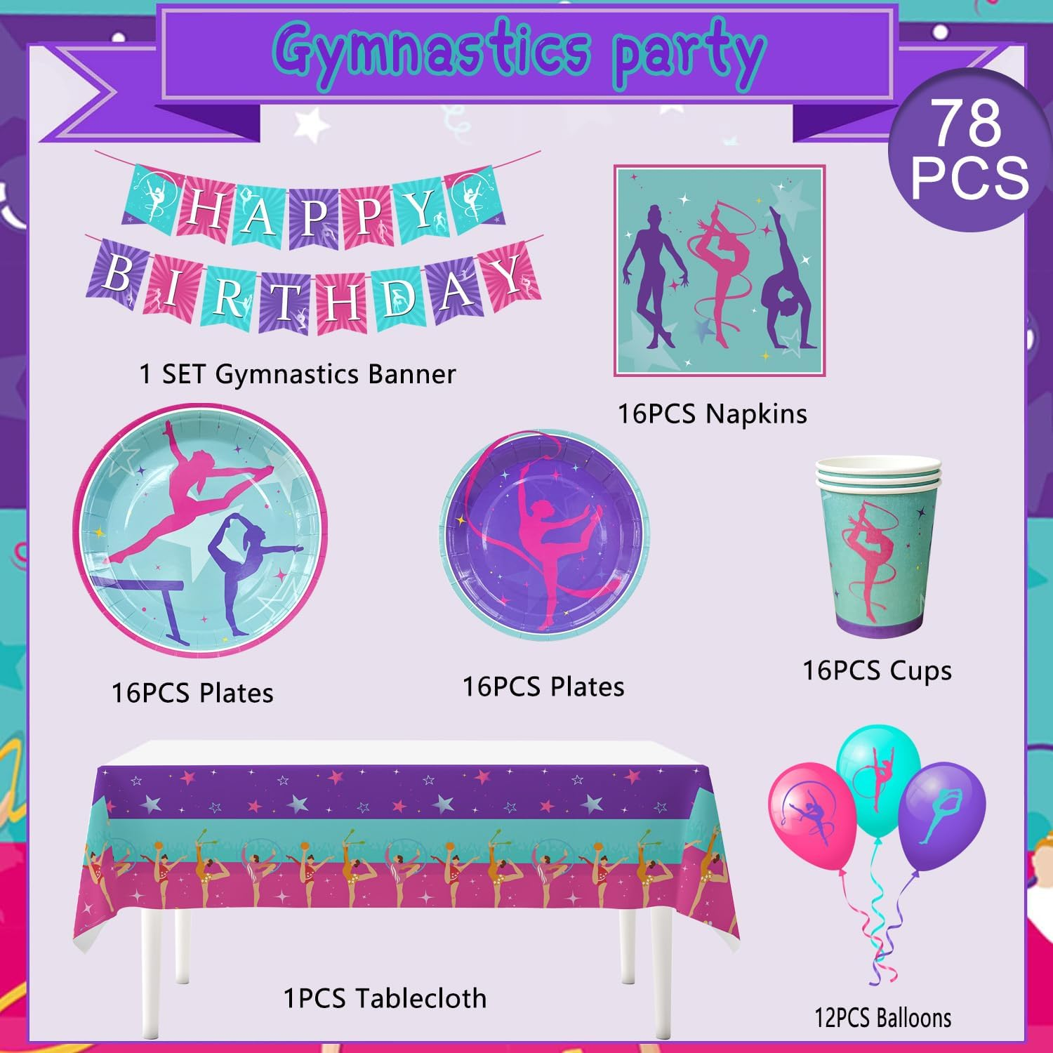 Gymnastics Birthday Party Supplies, Gymnastics Party Decorations Tableware Kit Gymnastics Plates and Napkins Cups Tablecloth Balloons Banner Etc Gymnastics Decorations for Birthday Party, 16 Guests image number 5