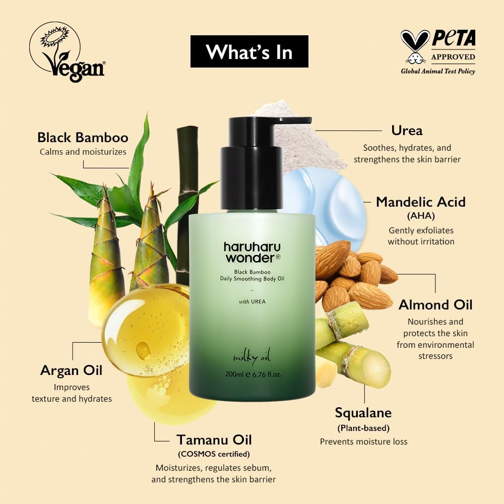 HARUHARU Wonder Black Bamboo Daily Smoothing Body Oil &ndash; Fast Absorption, Lightweight, Non-Greasy, Deeply Hydrating, Locks in Moisture, Softens & Nourishes Skin, with Almond & Argan Oil, 6.76 Fl Oz, 200Ml image number 1