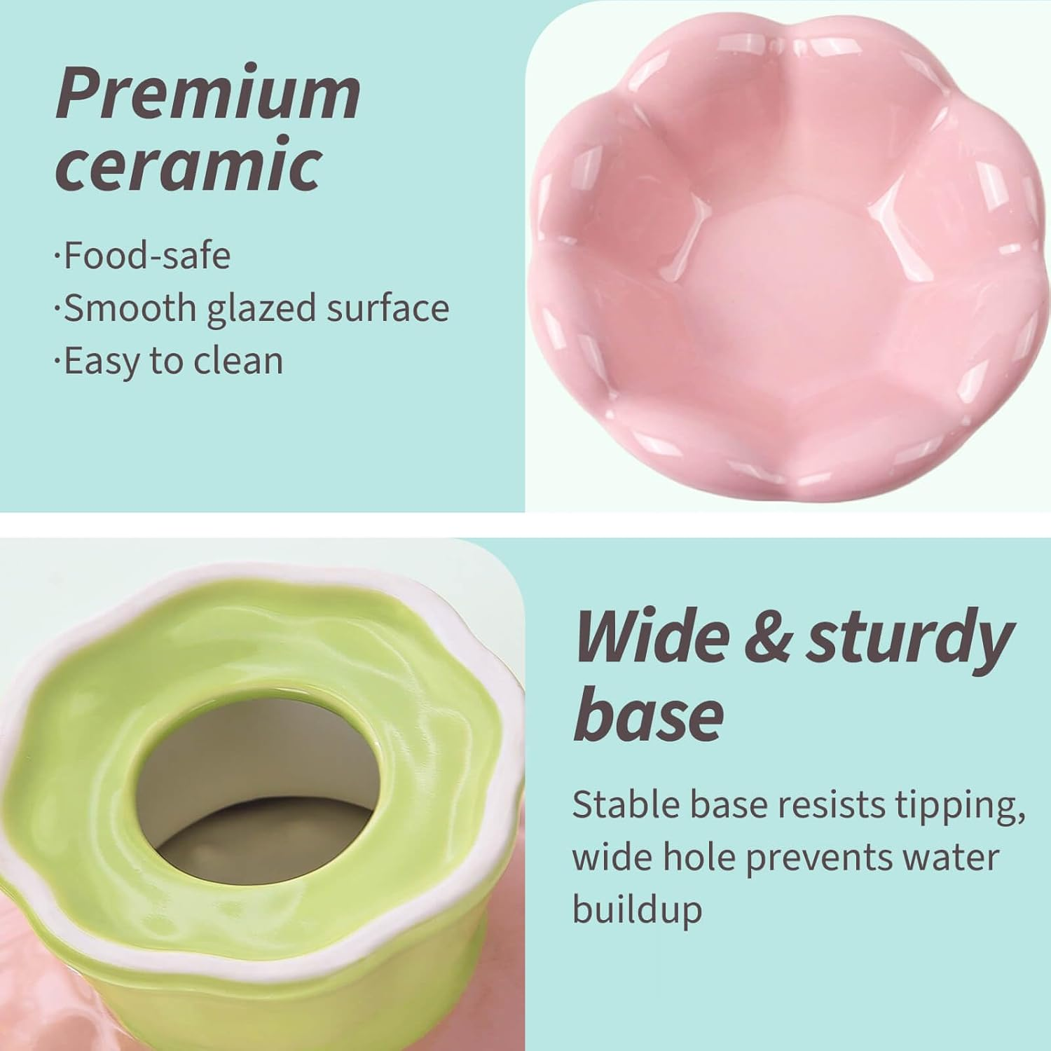 Eubootree Ceramic Raised Cat Bowl, Shallow Wide, Anti-Vomiting and Whisker Fatigue, Non-Slip, Tilted Cute Flower Cat Food and Water Bowls for Indoor Cats, Pink image number 4