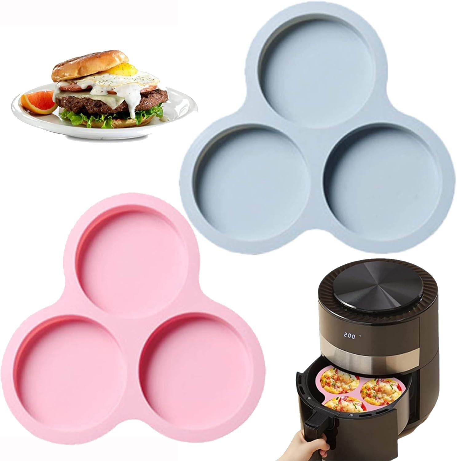 Wzenclave 2Pcs Silicone Air Fryer Egg Mold Reusable Bpafree Silicone Baking Cups Nonstick 3Chamber Heat Resistant Silicone Muffin Pan for Air Fryer and Microwave Fit to Hamburger Bun Pie Cake Egg image number 5