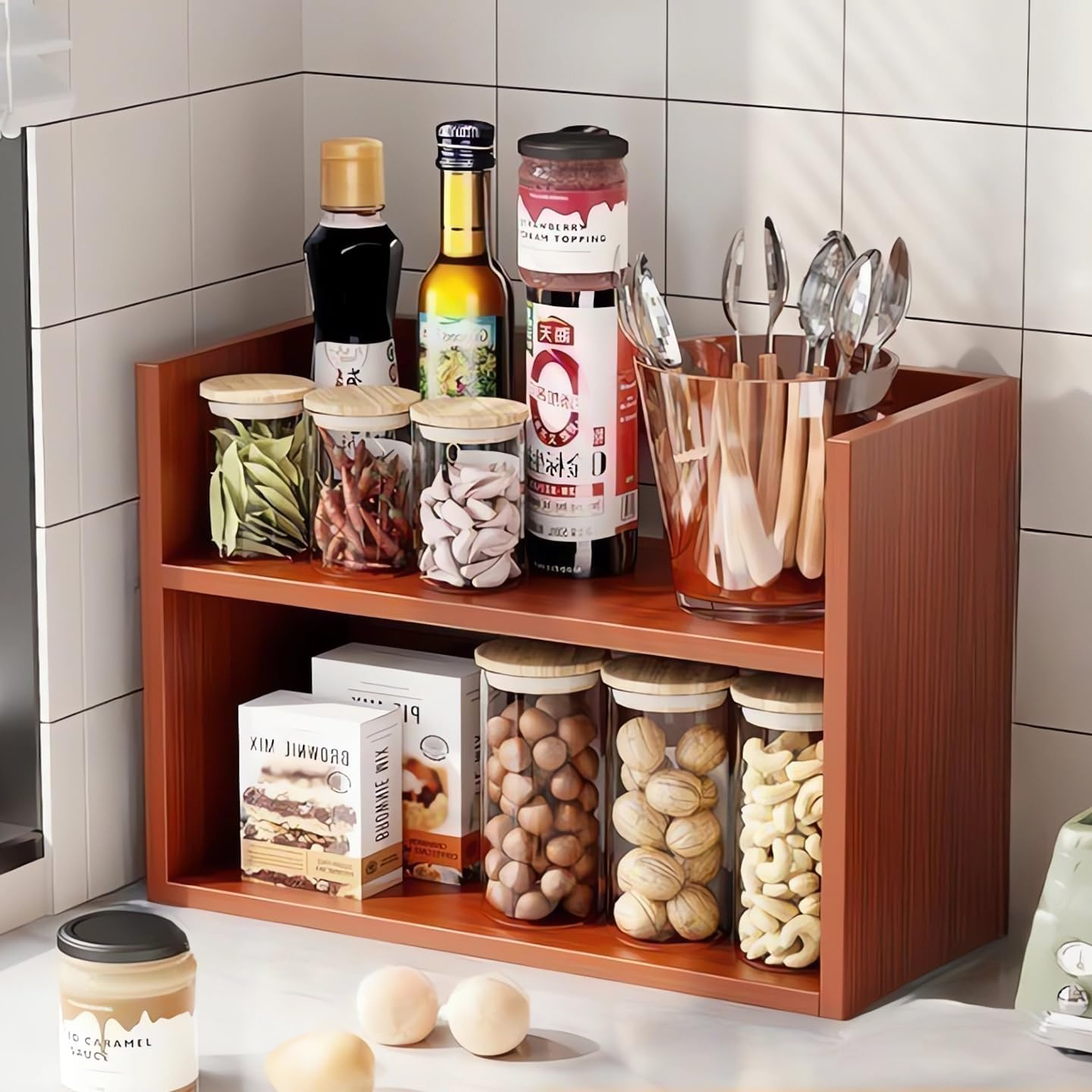 Hbluefat Desktop Organizer Shelf, Small Desk Bookshelf, Wooden Tabletop Mini Bookcase, Desktop Display Storage Rack for Home Office Kitchen (Teak) - Teak image number 4