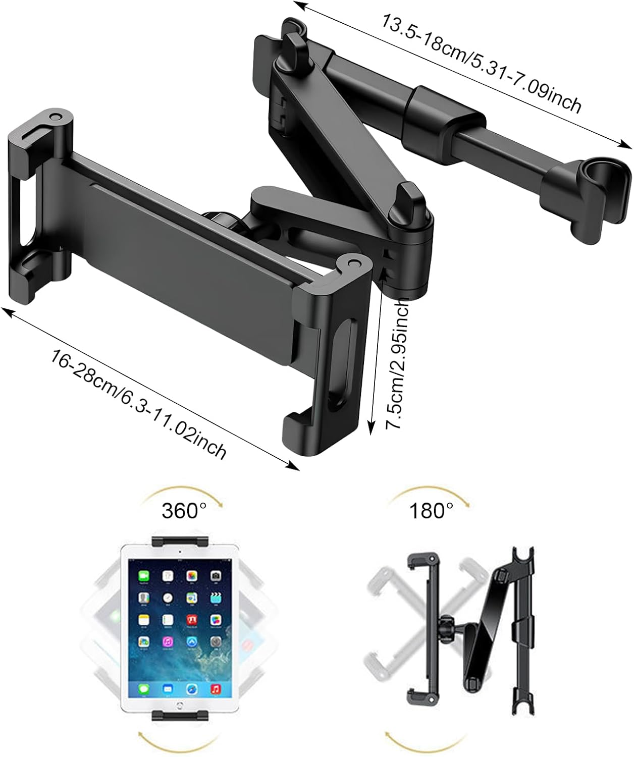 Car Headrest Tablet Holder, Car Backseat Tablet Mount, Adjustable Tablet Car Mount for Back Seat, 3 in 1 Extension Arm, Road Trip Essentials for 4.7-12.9" Tablet, Switch, Phone, Ipad image number 6
