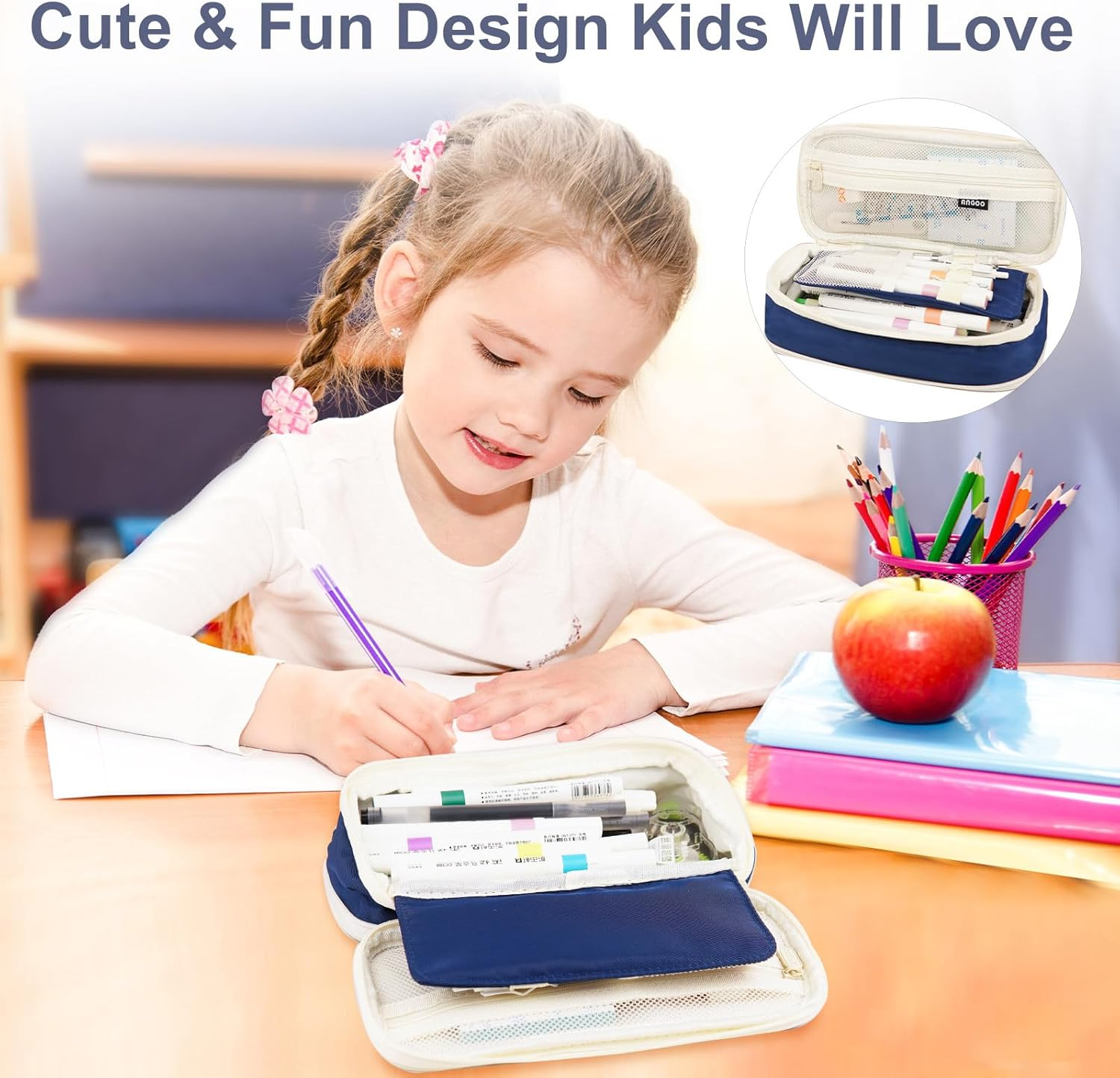 Cute Pencil Case Large Capacity - Expandable Pencil Pouch for Women and Girls, Durable Pencil Bag Pen Case Organizer, Kawaii Pencil Case Pouch for School Supplies & Gift (Blue) image number 3