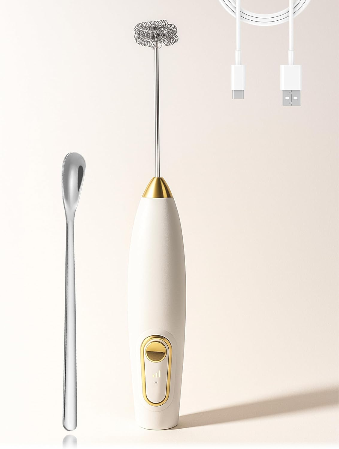 Handheld Milk Frother Rechargeable Powerful Double Whisk 3 Speed Settings Drink Mixer (White with Coffee Spoon)