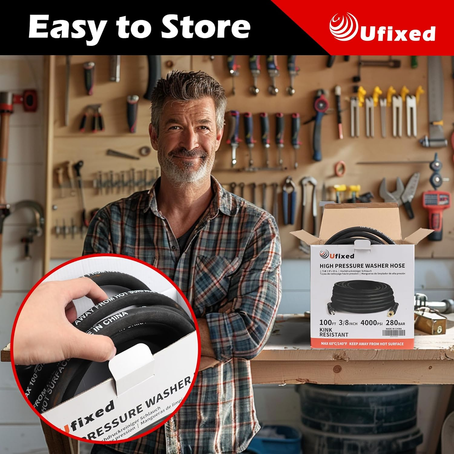 3/8&rdquo; Pressure Washer Hose 50FT 4000Psi,Rubber Hose,Quick Connect,360&deg; Swivel,Kink-Resistant,Heavy Duty,Black image number 1