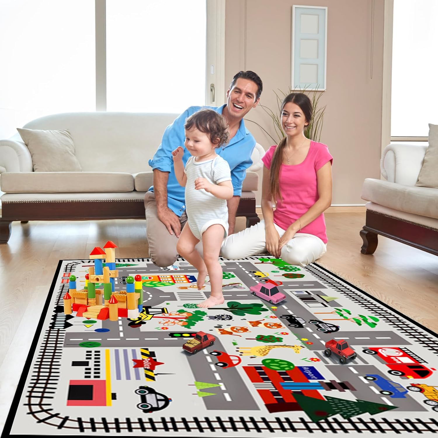 Kids Carpet City Play Mat, Kids Car Rug Play Mat, Educational Learning Carpet City Road Traffic Fun Play Area Rugs, Non-Slip Floor Mat for Playroom Room Decor (Road 2, 100 * 150Cm) - Road 3 image number 6
