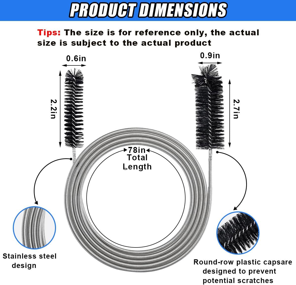DUSCOKE 78 Inch Flexible Long Drain Brush, Nylon Stainless Steel Flexible Feeding Tube Cleaning Brush, Double Ended Elastic Slim Hose Pipe Brush Auto Sunroof Drain Hole Cleaner for Car Fridge (Black) image number 2