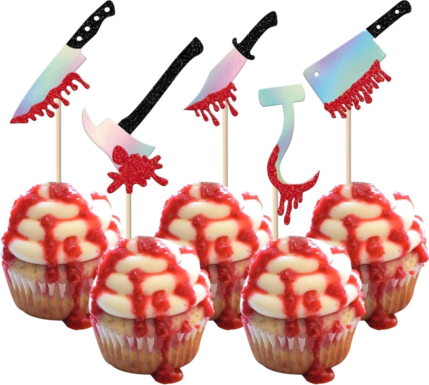SYKYCTCY 30 Pack Halloween Knife Cupcake Toppers Glitter Scary Bloody Knife Cupcake Picks Killer Birthday Cake Decorations for Happy Halloween Theme Baby Shower Party Supplies (#1)