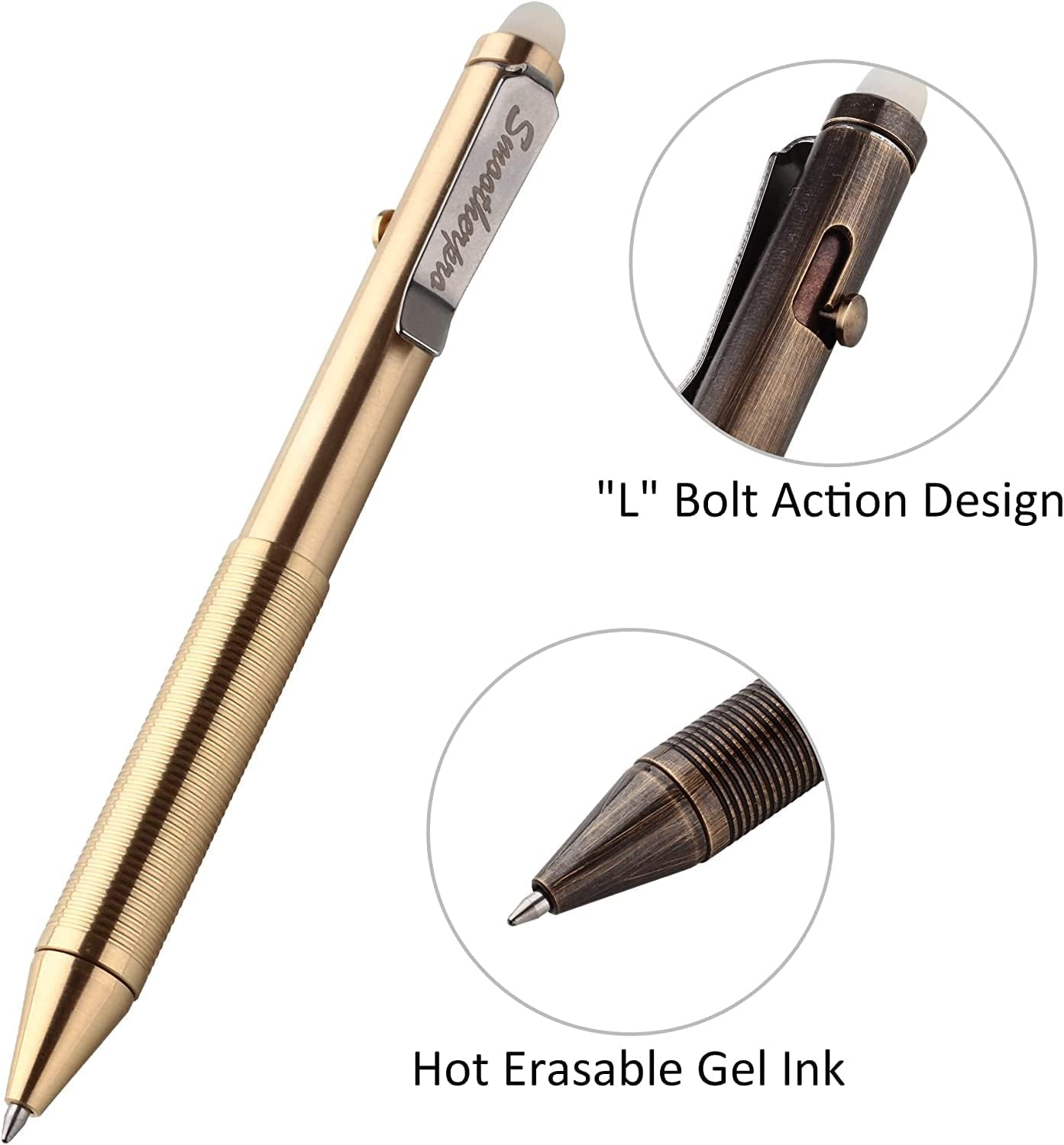 SMOOTHERPRO Erasable Solid Brass Ballpoint Pen Compatible with Pilot Frixion Refill for Office School EDC Color Natural(Ep02Gd) image number 3