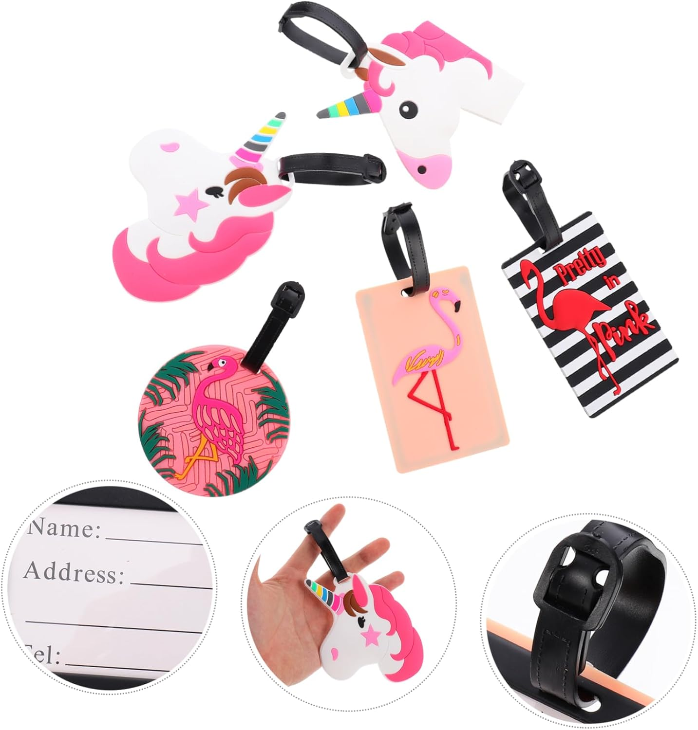 LIGIGWASH 5Pcs Luggage Tag Set Suitcase Luggage Identifiers Travel Baggage Labels Flamingo Theme Material for Men Women Boys and Girls
