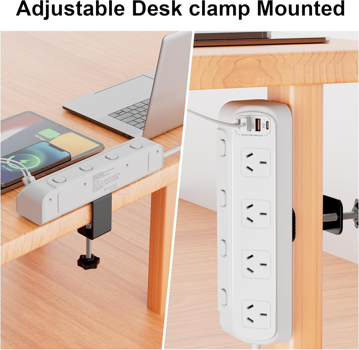 HITRENDS PD 20W Desk Clamp Power Board, Fast Charging Station, 4 AC Outlets and 4USB Ports(2Usb C), Desktop Mounted Power Strip 900J Surge Protected, 2M Extension Cord for Office, Home, White image number 6
