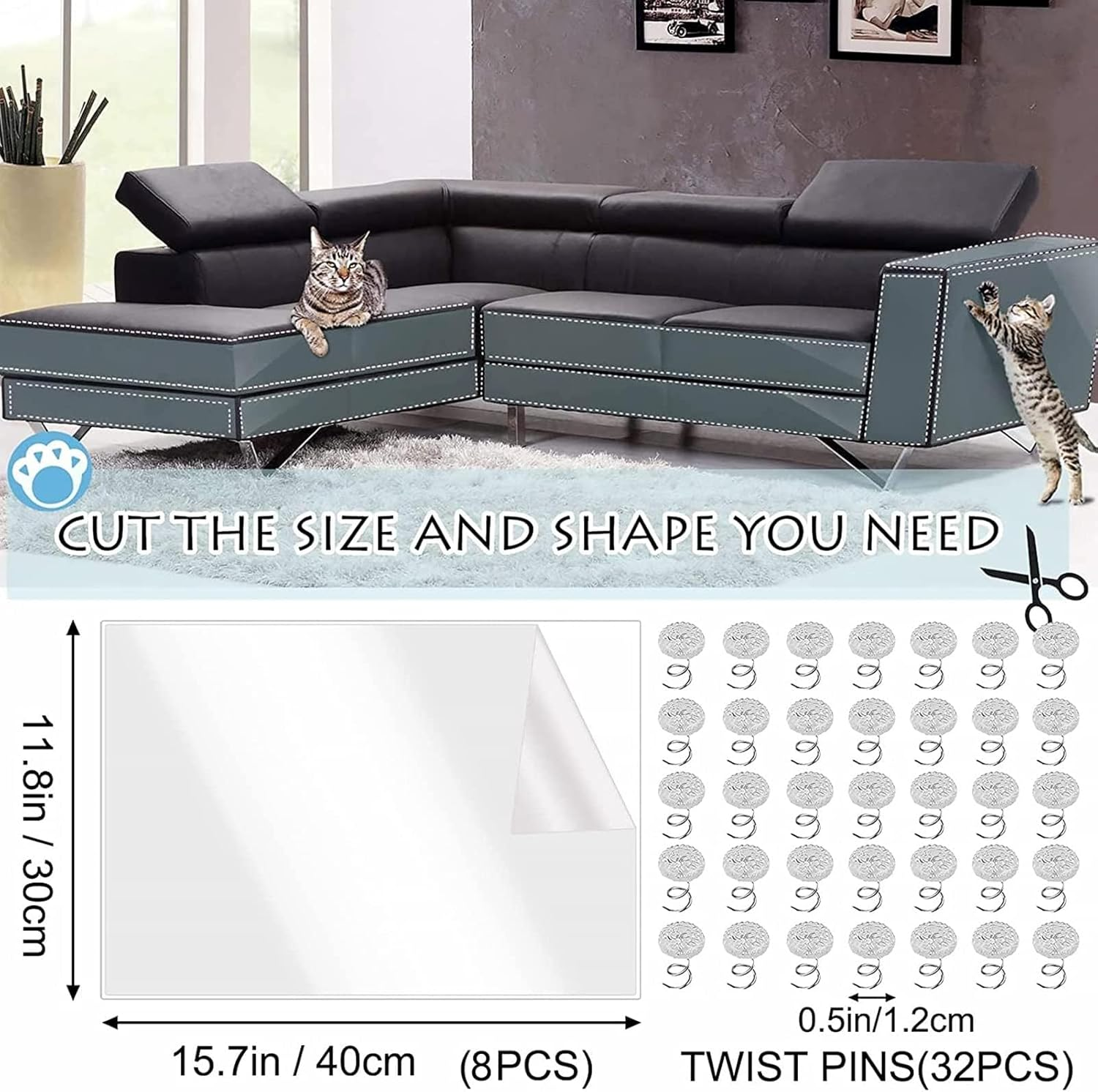Pack of 8 Cat Scratch Protection Film Transparent Sofa Scratch Protection Pad Cat Furniture Protection Scratch Pads Scratch Protection for Cat Dog with 32 Screws for Sofa Door Wall Scratch Mats image number 5