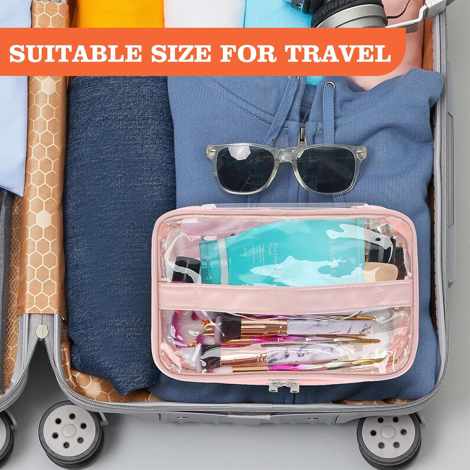 HAOGUAGUA Double Layer Clear Cosmetic Bag Makeup Bag, Waterproof Travel Toiletry Bag, Transparent PVC Pouch Organizer, Pink Large, Double Layer Clear Cosmetic Bag - Black-Large image number 6