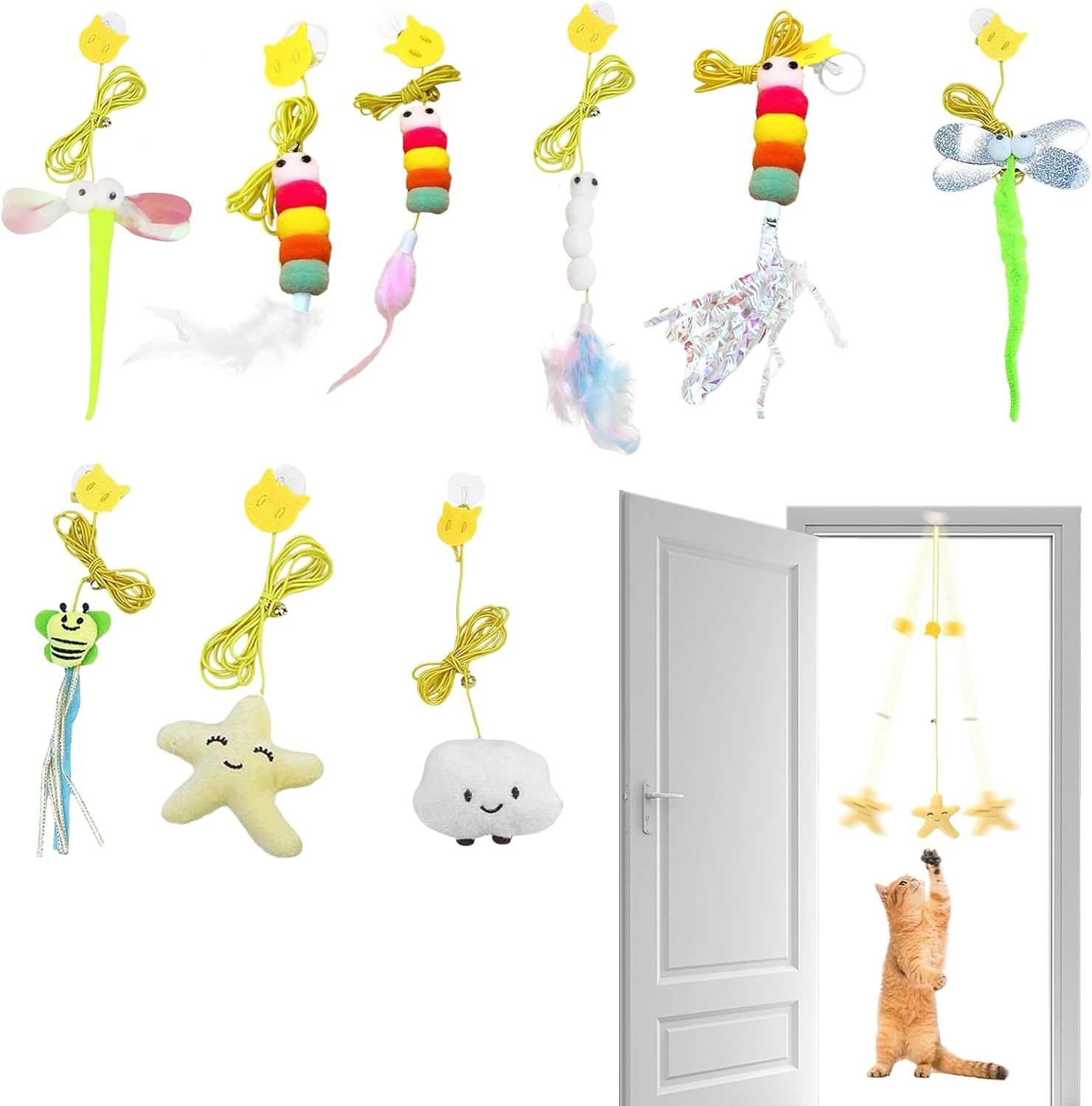8 Pieces Cat Toy Self-Employment Hanging Door Frame Elastic Feathers Bells for Kittens, Interactive Dancer Cat Toy for Indoor Kittens Cat Run, No Batteries Required image number 3