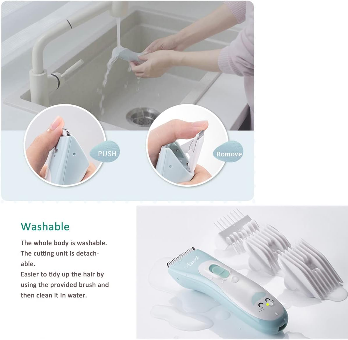 Meetcare Baby Hair Clippers, Ceramic Blade Electric Kids Hair Trimmer, Ultra-Quiet 2.0 Haircut, IPX7 Water-Proof Haircut Kit for Kids Infants. Rechargeable, Cordless, Long Battery Life. (Light Blue) image number 6