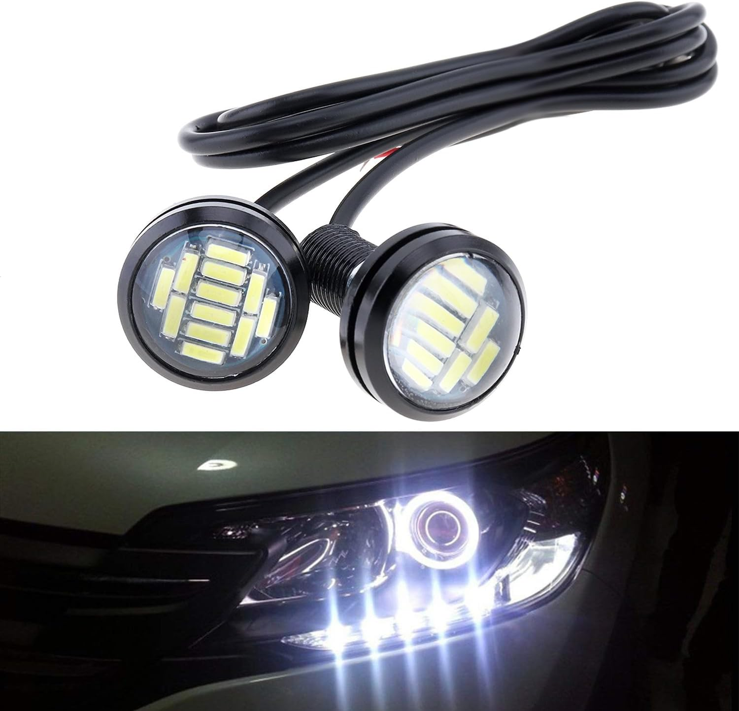 2Pcs 12V High Power Eagle Eye Light 23Mm 4014 12SMD Waterproof LED Bulb White Light for Car Fog DRL Lamp Car Motorcycle Turn Signal Light Backup Lights